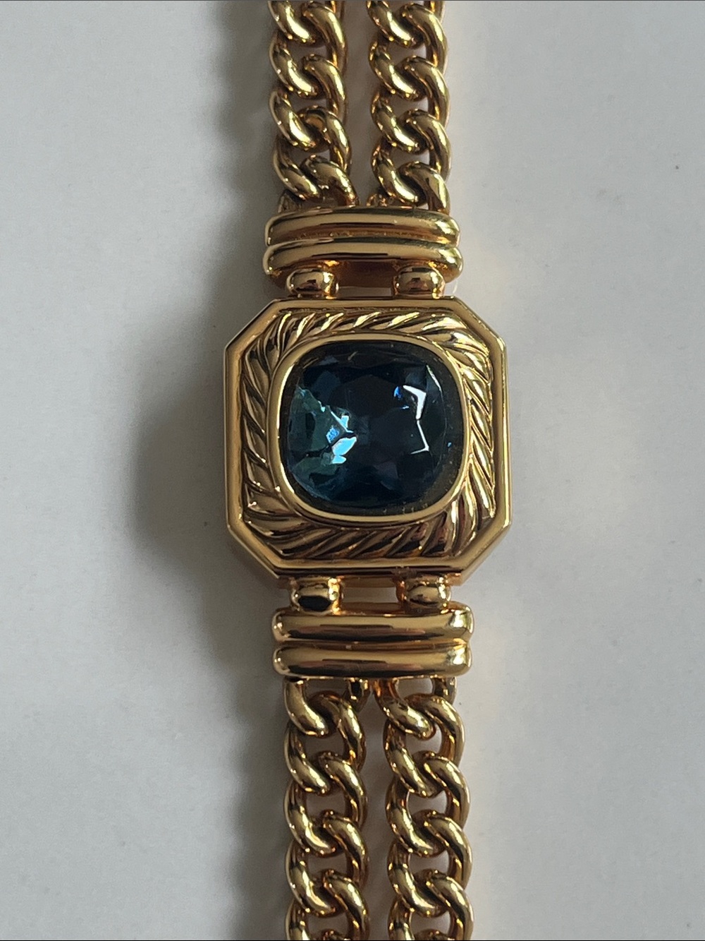Lanvin Double Chain Bracelet with Sapphire Blue Centre Stone.